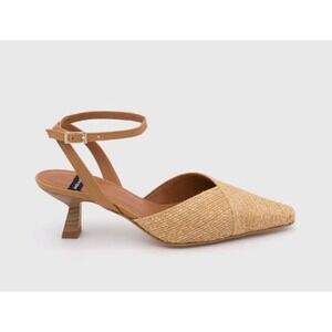 ANGEL ALARCON Helen Raffia Woven Slingback Heels Tan Leather Ankle Strap Size 39